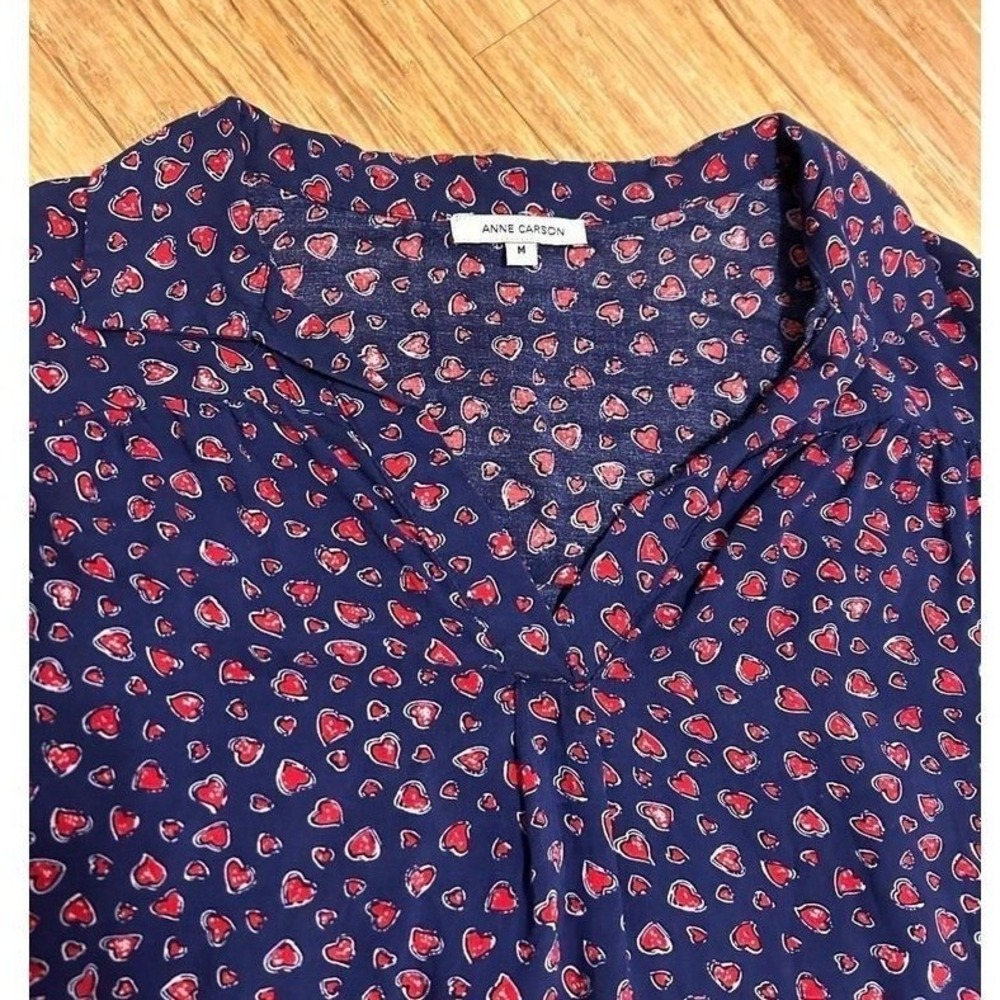 3/4 sleeve V neck heart‎ print popover top medium Blue red Whimsy kidcore tunic